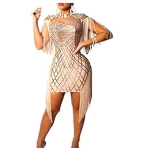 RoseGold Beige Gatsby Tassel Cocktail Mini Dress Mesh Sequin Costume Size L NWOT